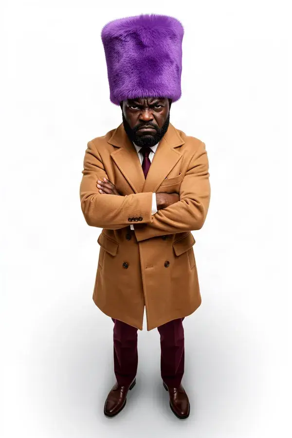 AI influencer in a tall purple fuzzy hat and camel coat