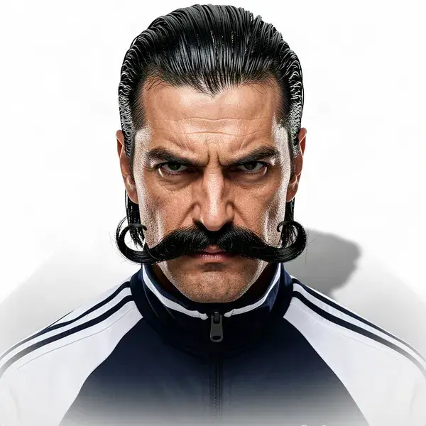 AI influencer with a slicked mullet and handlebar moustache