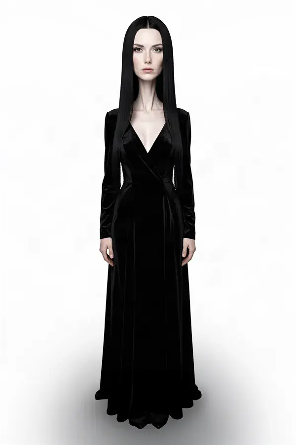 AI influencer with long black hair in a velvet gown