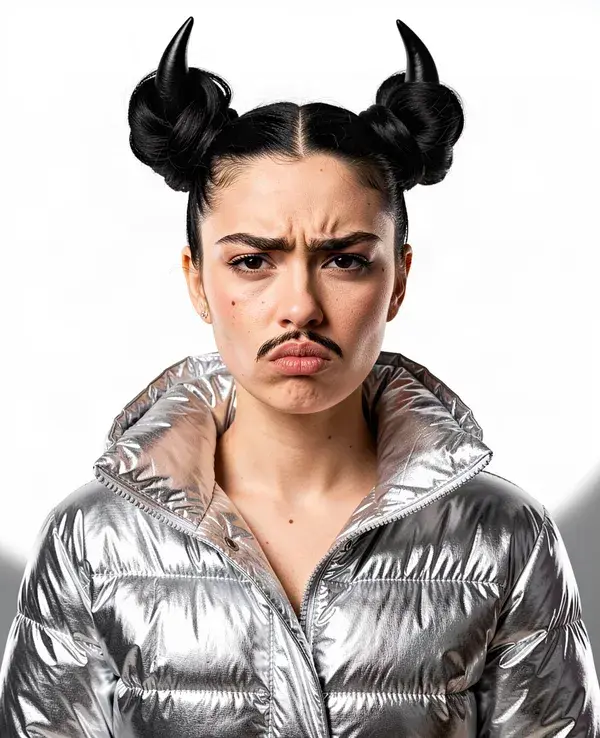 AI influencer with devil-horn buns and a silver puffer jacket