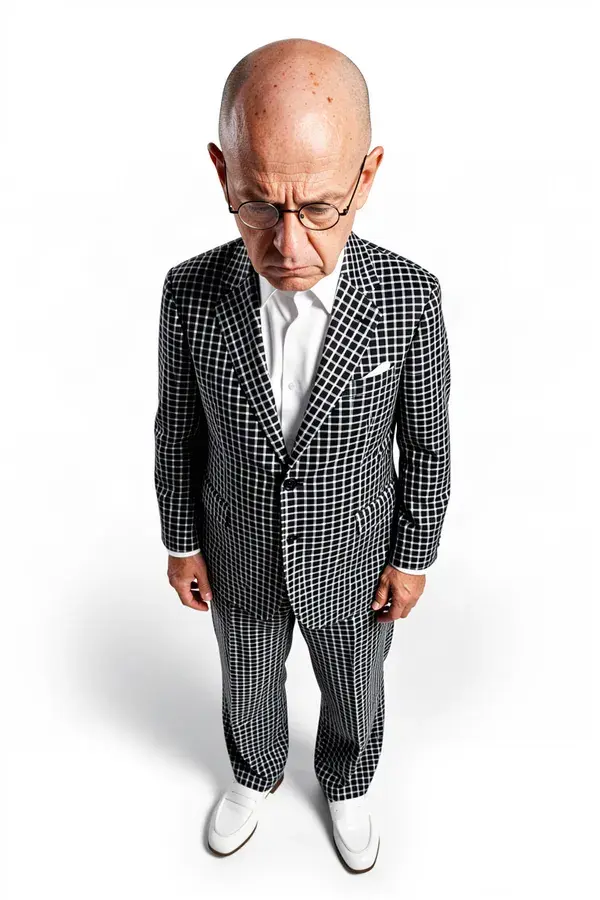 Small AI influencer in an oversized checkered suit