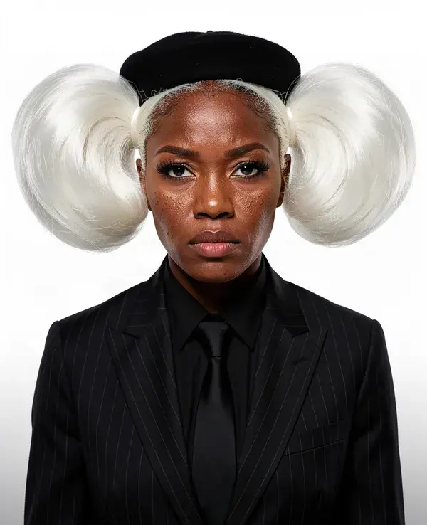 AI influencer with giant white pigtail puffs and a beret