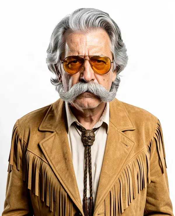 AI influencer with a grey mullet and a fringed suede jacket