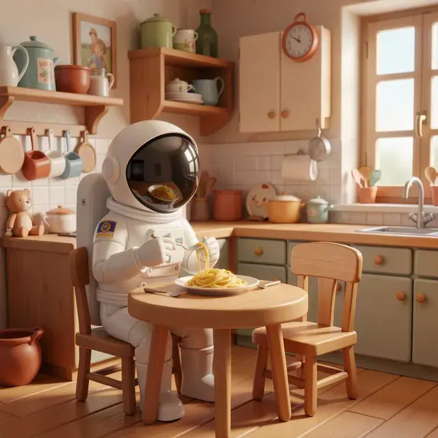 An astronaut eating spaghetti in a tiny Italian kitchen, 3d style