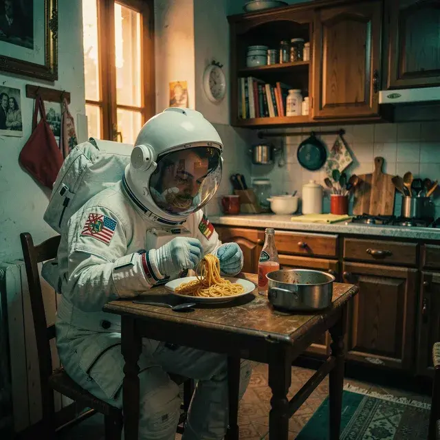 An astronaut eating spaghetti in a tiny Italian kitchen, film still style