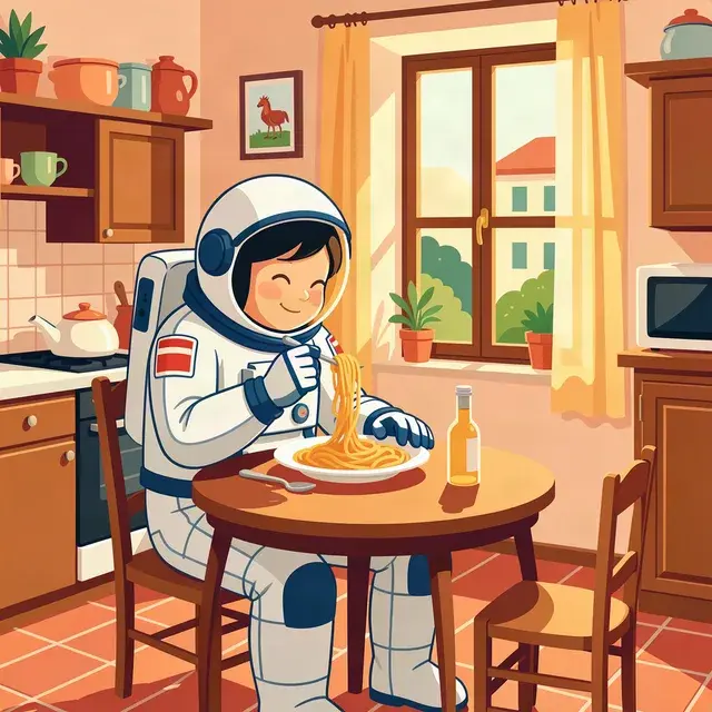 An astronaut eating spaghetti in a tiny Italian kitchen, illustration style