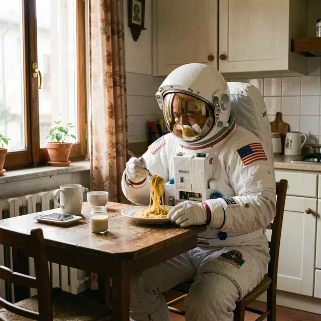 An astronaut eating spaghetti in a tiny Italian kitchen, photo style