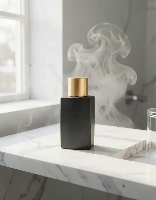 The same bottle, bathroom scene