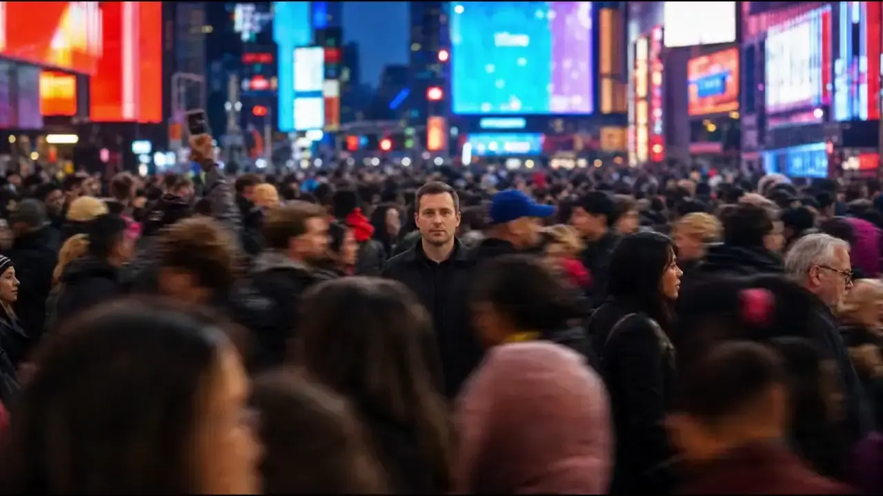 Generated street scene with a crowd in motion