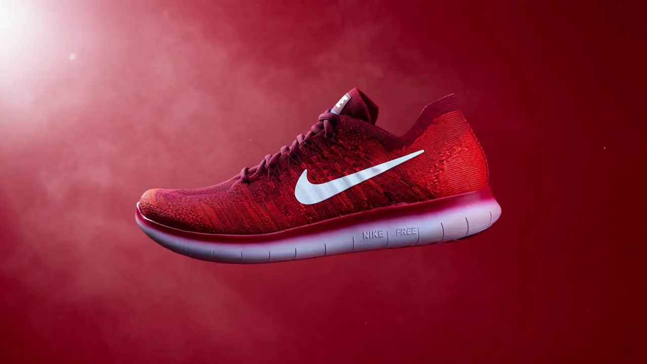 A red knitted running shoe floating in a crimson void, from Kling 4.0's first take