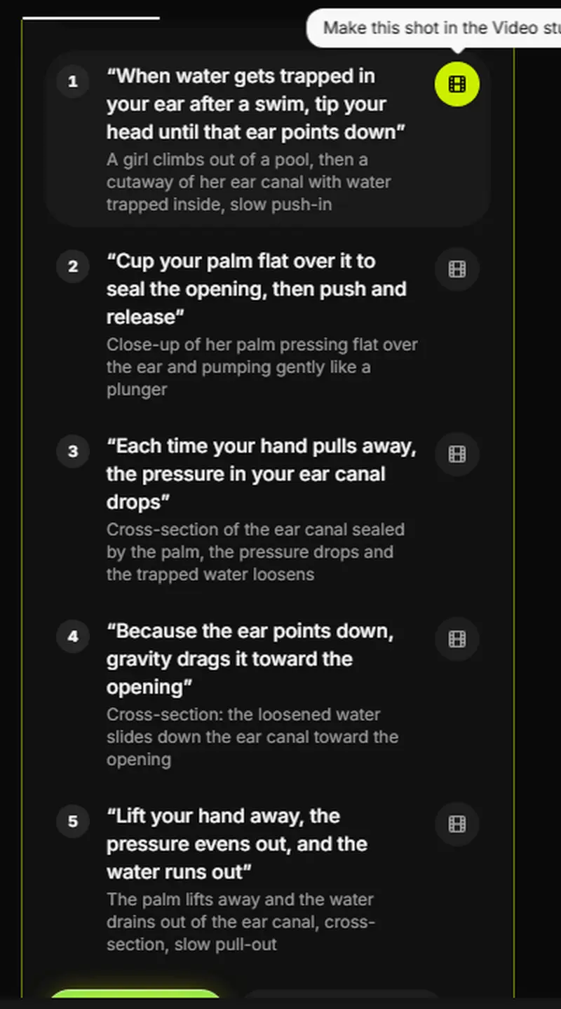 The script's shot list: five lines, each with a video prompt and a film icon, with the tooltip Make this shot in the Video studio.