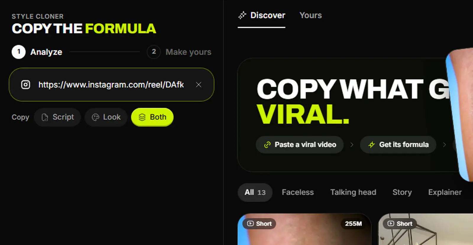 The Style Cloner's link box holding an Instagram Reel link, with Script, Look and Both below it and Both selected.