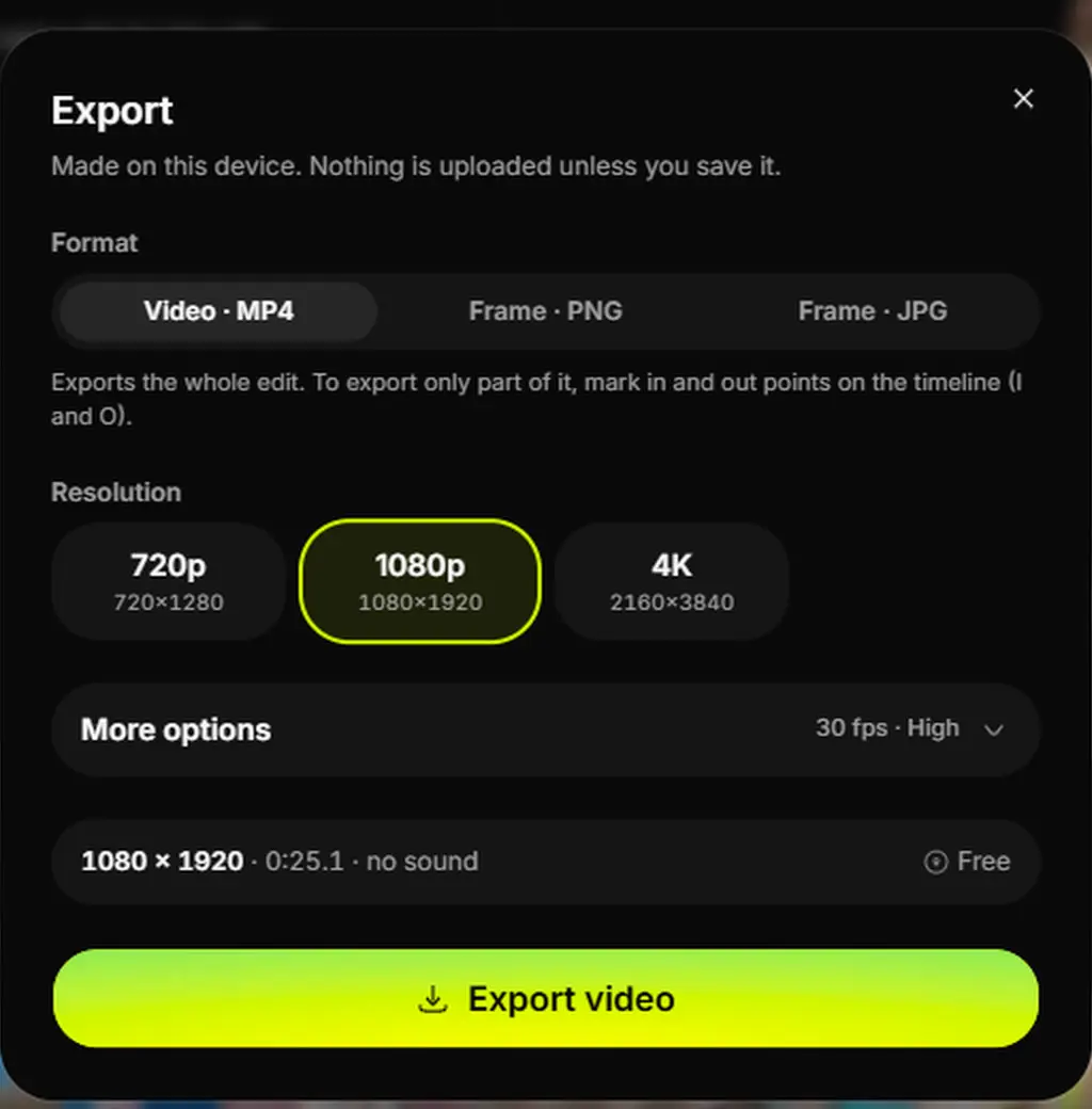 The Video Editor's export dialog: Video MP4 selected, resolution 1080p, and the Export video button.