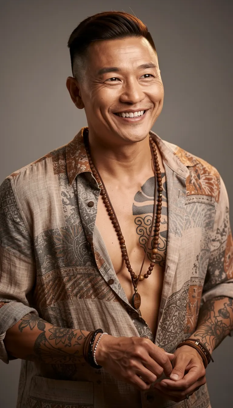 Generate 30-40 year old east asian man with short black hair, wearing an open shirt, wooden chains, tattoos and a friendly smile infront of a clean studio background