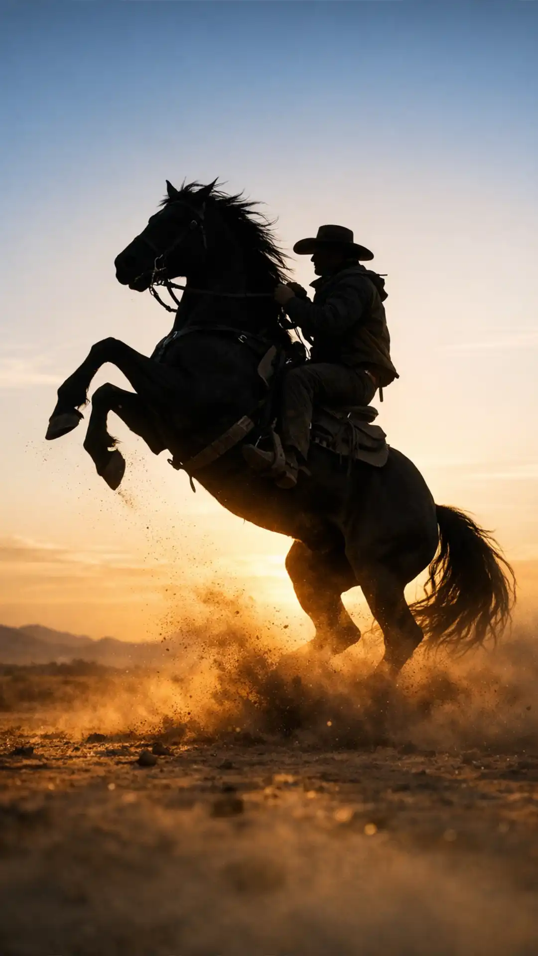 Epic silhouette side profile of a cowboy on a horse in the desert at sunset
