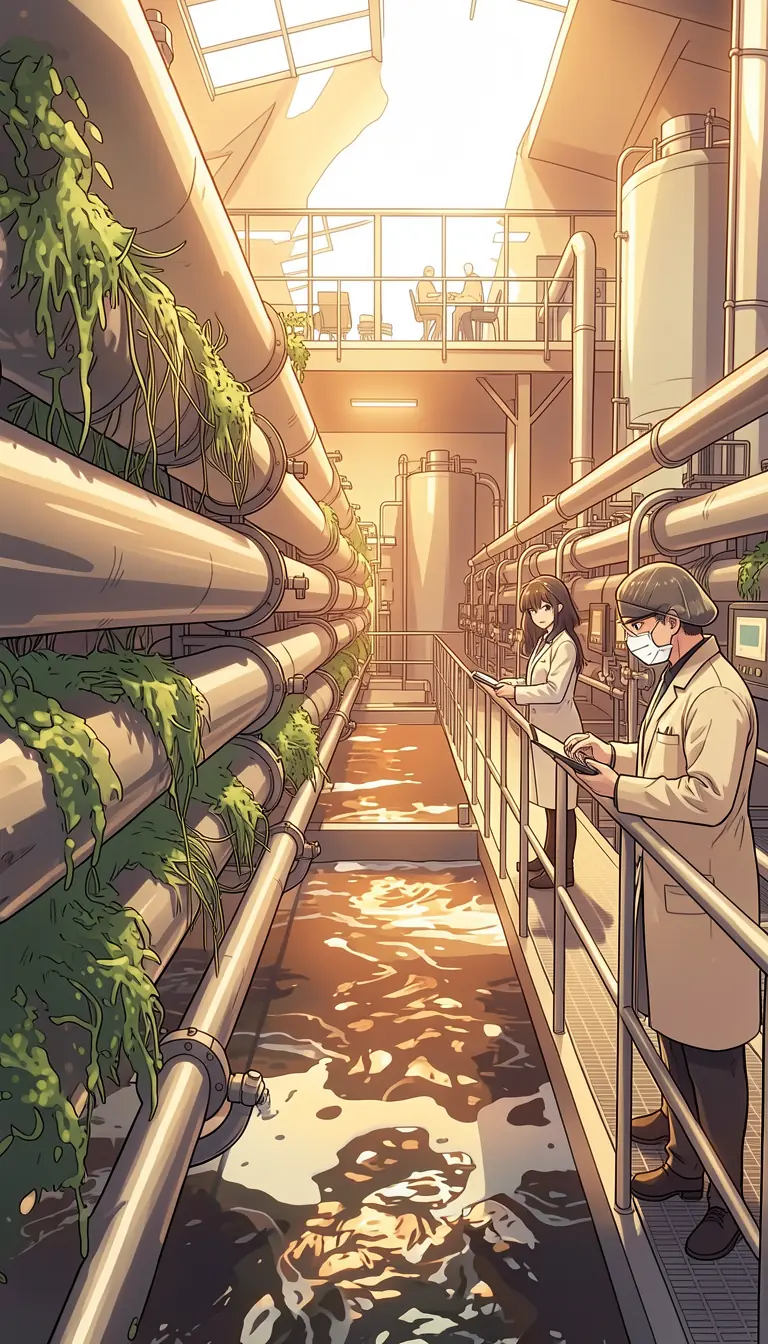Anime style image of a algee farm in the morning